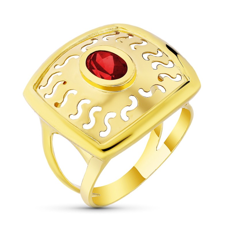 Sortija Oro Amarillo Motivo Calado Con Circonita Granate. Ancho: 20 mm oro 18k