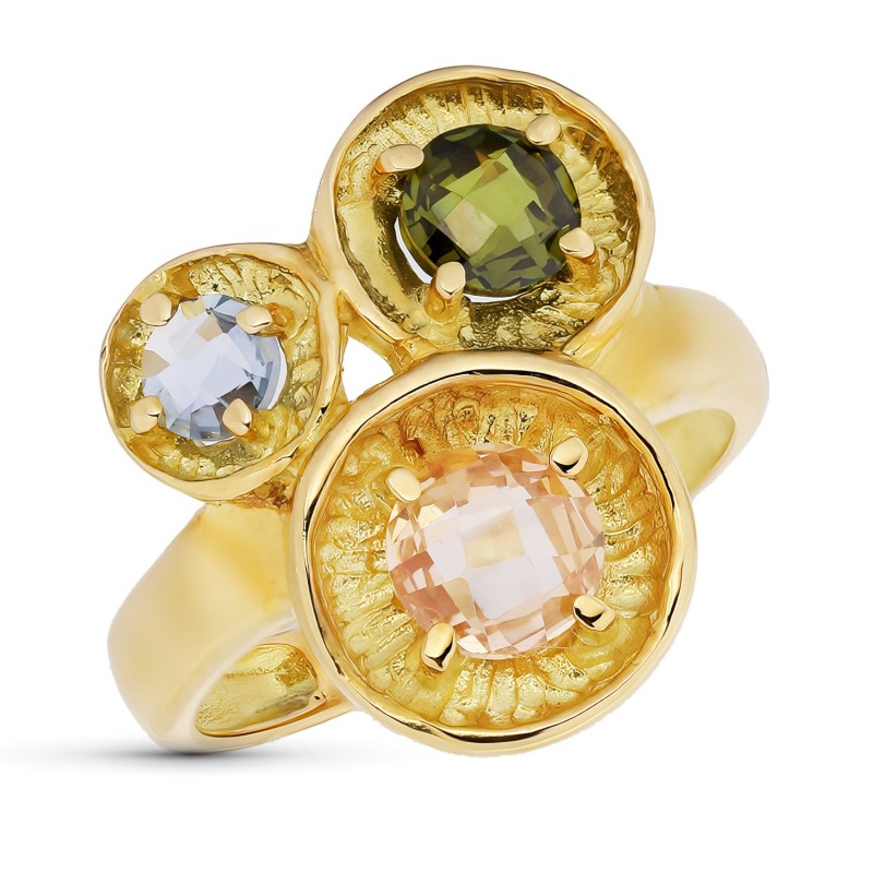 Sortija Oro Amarillo Tres Motivos Redondos Con Circonitas Colores. Ancho: 17,5 mm oro 18k
