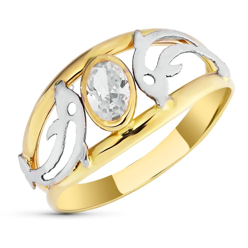 Sortija Oro Bicolor Doble Cuerpo Con Delfines Y Circonita. Ancho: 9 mm oro 18k