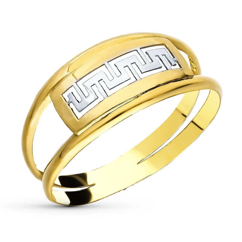 Sortija Oro Bicolor Doble Cuerpo Con Greca Calada. Ancho 7 mm oro 18k