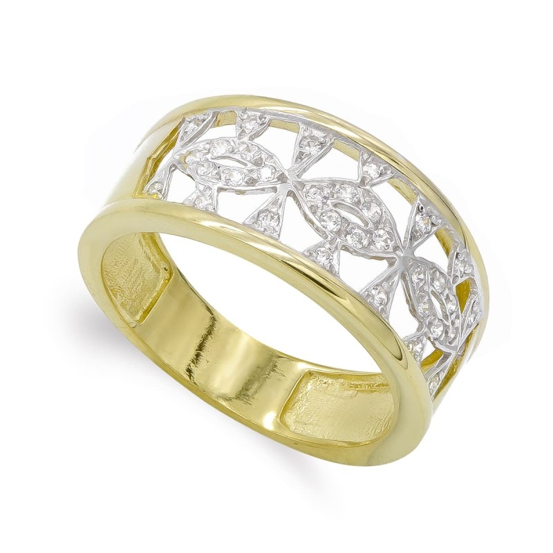 Sortija Oro Bicolor Con Bordes Lisos Y Centro Calada De Circonitas. 9,5 mm oro 18k