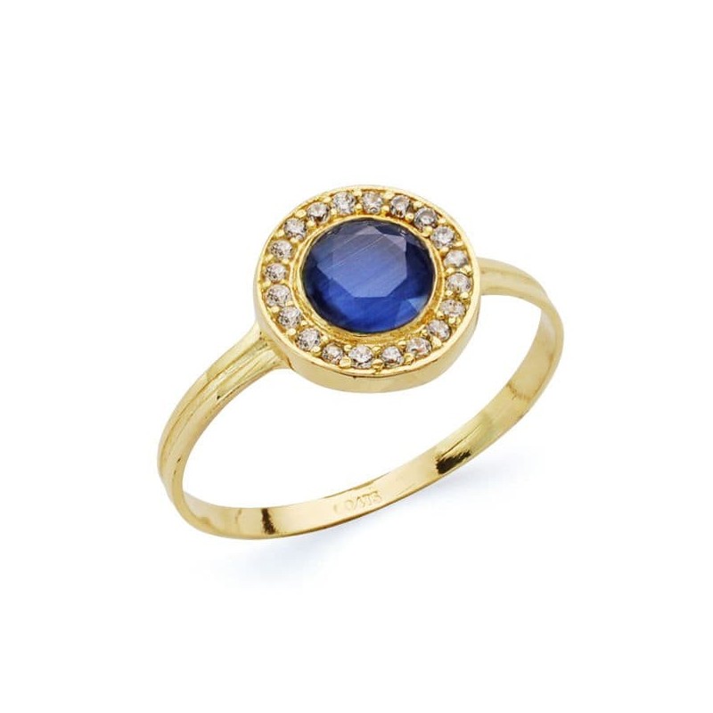 Sortija Oro Amarillo Motivo Redondo Con Circonita Azul Y Blancas. Ancho: 9 mm oro 18k