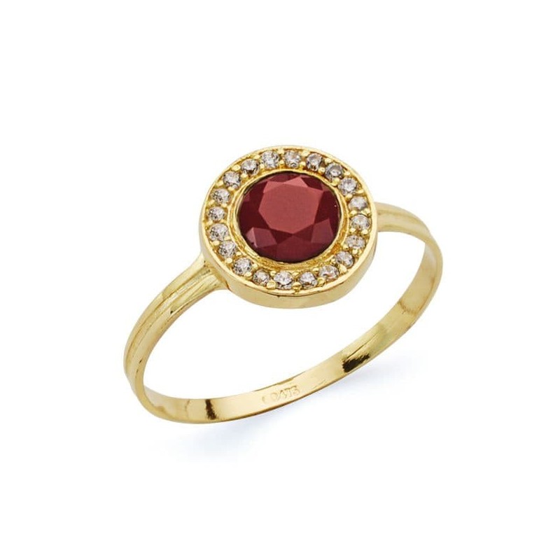 Sortija Oro Amarillo Redondo Con Circonitas Y Piedra Roja. Medida: 9 mm oro 18k
