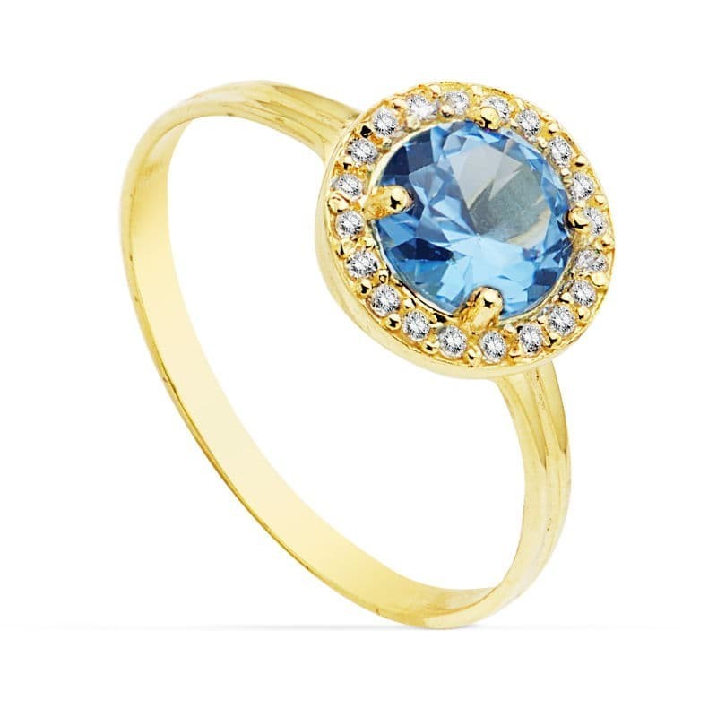 Sortija Oro Amarillo Motivo Redondo 9 mm Piedra Azul 6 mm oro 18k