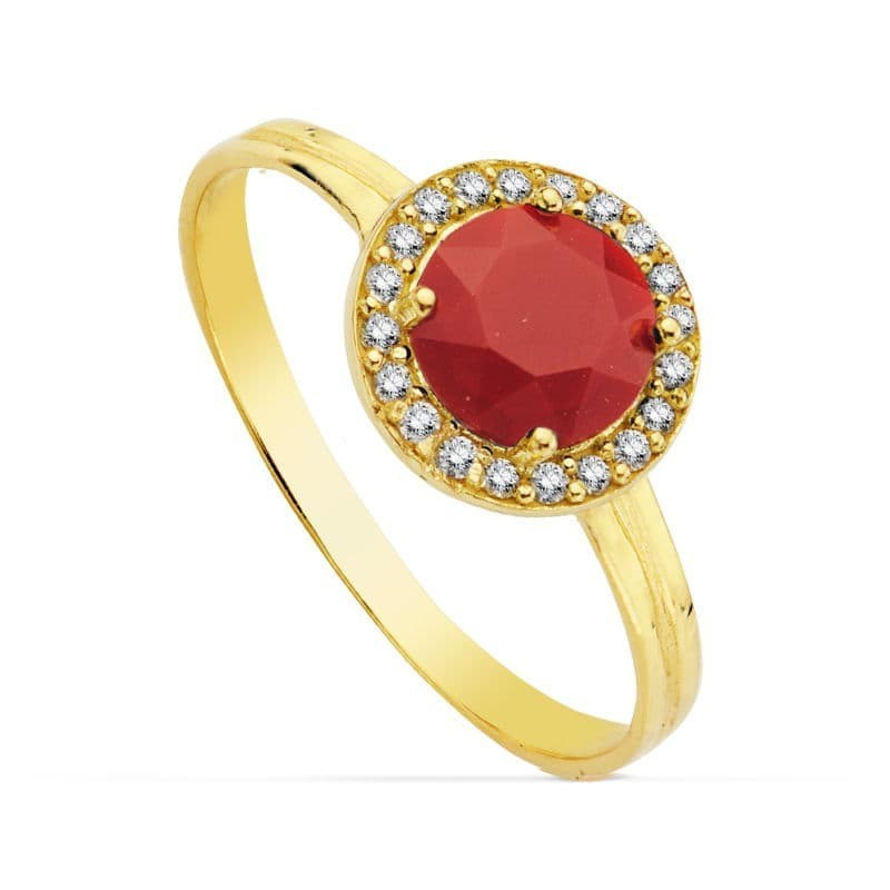 Sortija Oro Amarillo Motivo Redondo Circonita Roja 6 mm. Ancho: 9 mm oro 18k