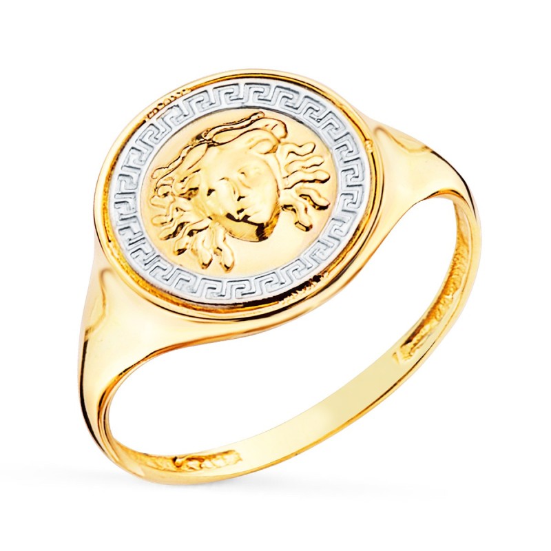 Sortija Oro Bicolor Brillo Con Medusa Y Greca Redonda 12 mm oro 18k