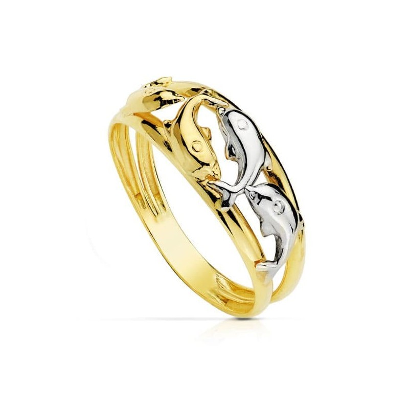 Sortija Oro Bicolor Con Delfines En Brillo. Ancho Cuerpo: 8 mm oro 18k