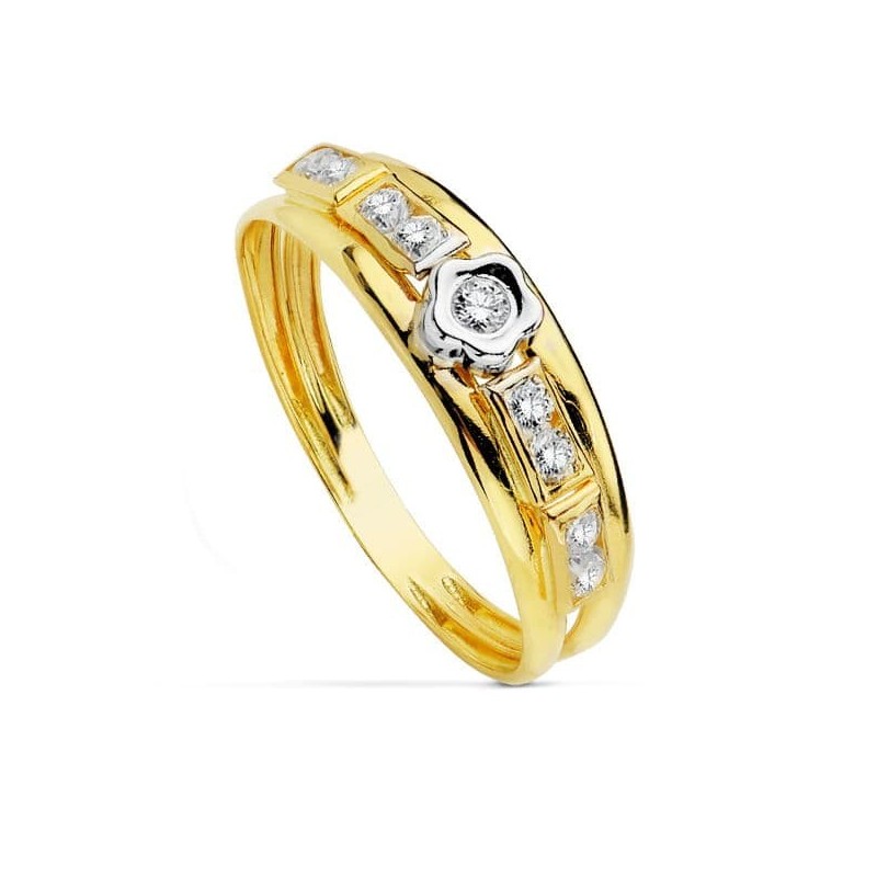 Sortija Oro Bicolor Con Flor Y Circonitas. Ancho: 5 mm oro 18k