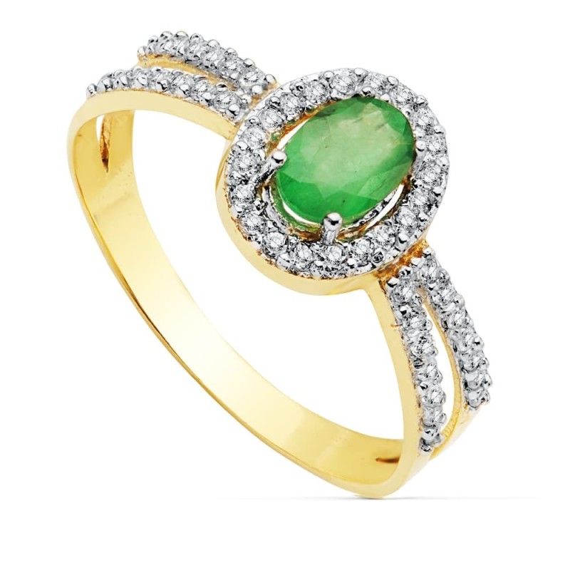 Sortija Oro Bicolor Con Circonita Y Esmeralda Oval 6X4 mm oro 18k