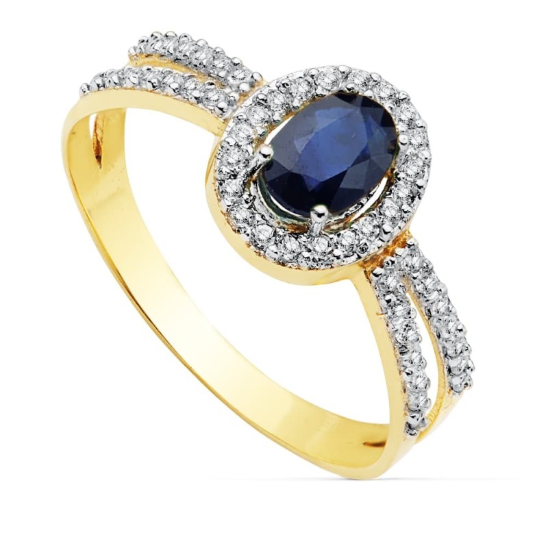 Sortija Oro Bicolor Con Circonita Y Zafiro Oval 6X4 mm oro 18k