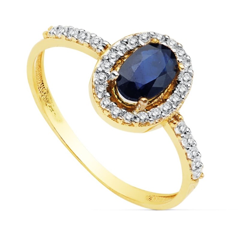 Sortija Oro Bicolor Con Circonita Y Zafiro De 6X4 mm oro 18k