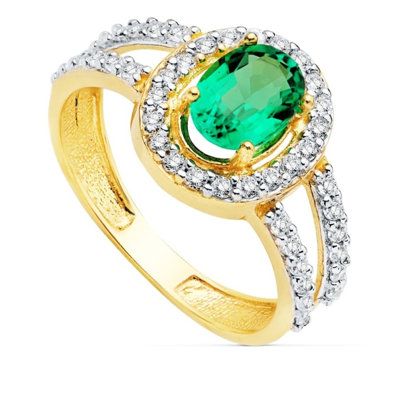 Sortija Oro Bicolor Con Circonita Y Esmeralda 0.79 Qtes De 7X5 mm oro 18k