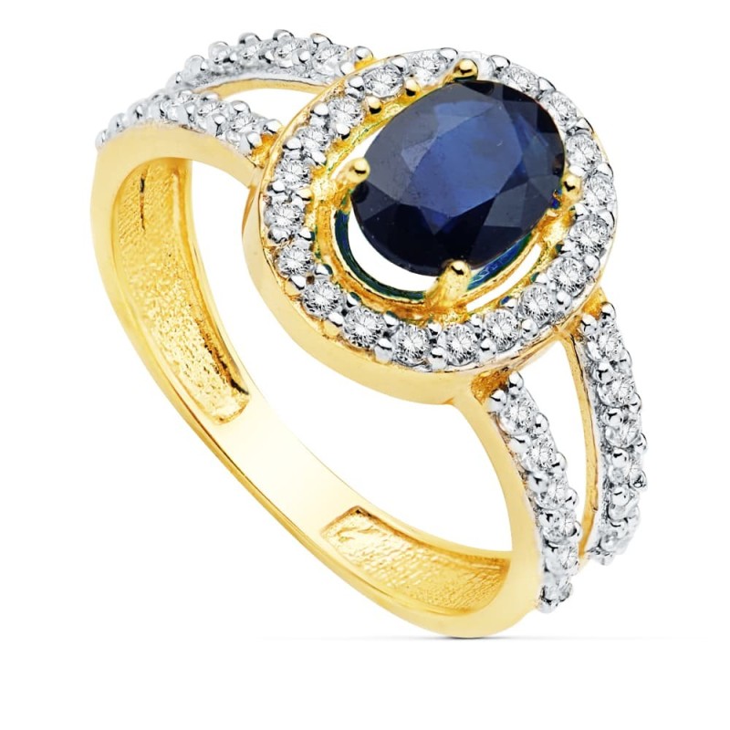 Sortija Oro Bicolor Con Circonita Y Zafiro De 6X5 mm oro 18k