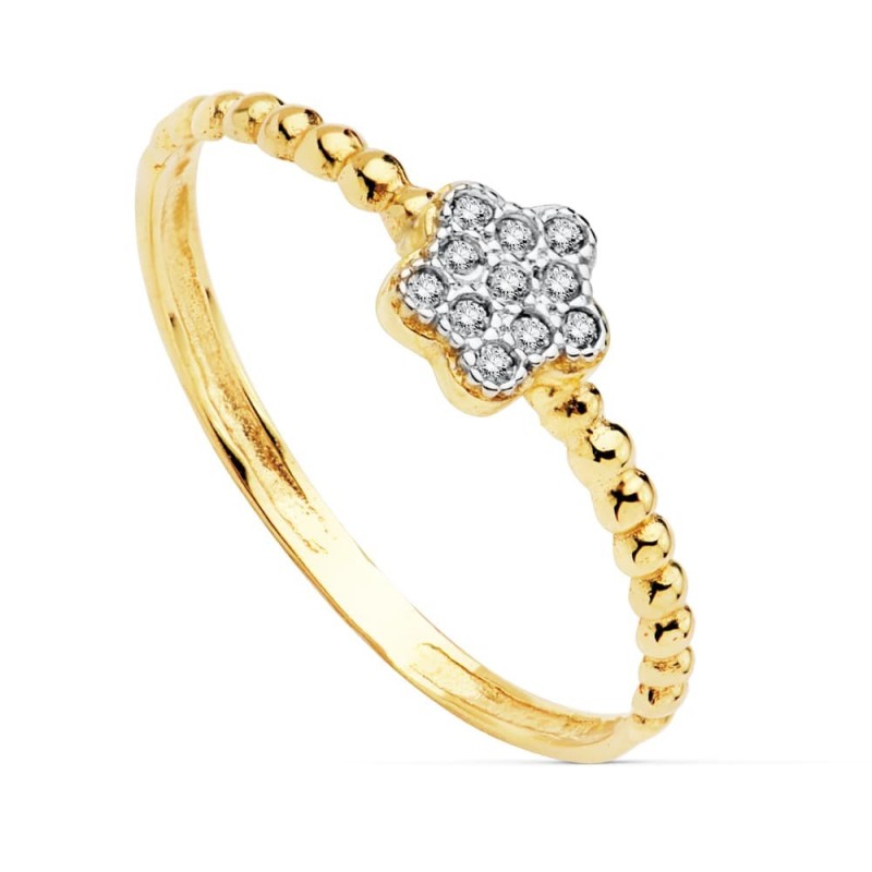 Sortija Oro Bicolor Flor De 5 mm Con Circonita Cuerpo Bolitas oro 18k