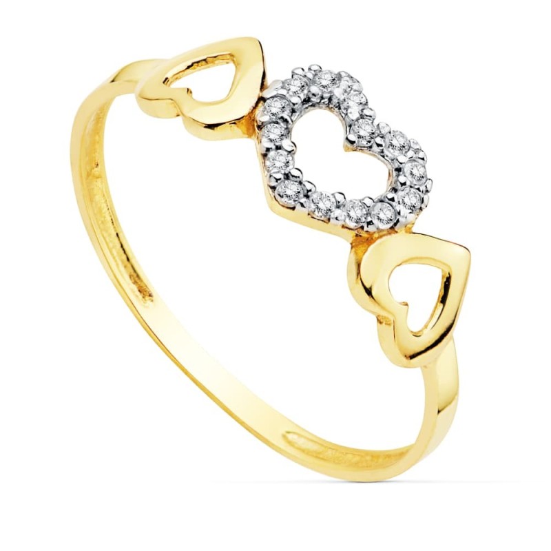 Sortija Oro Bicolor Con Tres Corazones Y Circonitas oro 18k