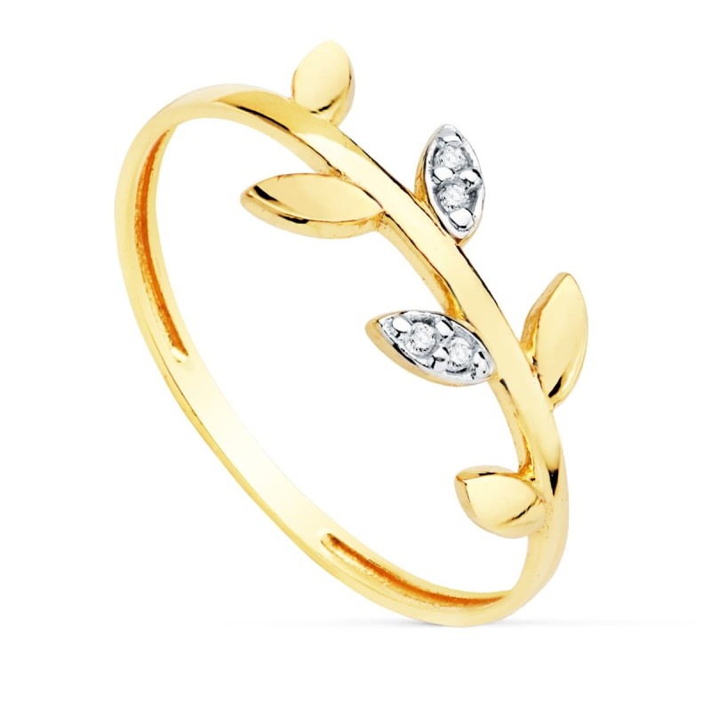 Sortija Oro Bicolor Con Laterales De Hojitas Lisas Y Circonitas oro 18k
