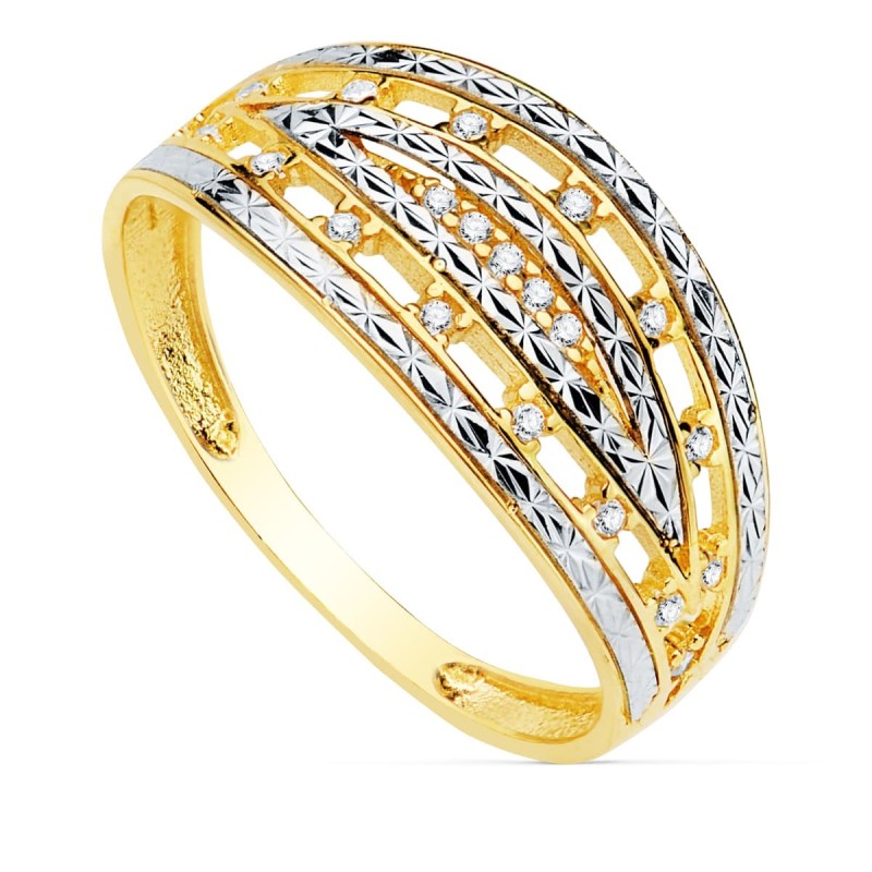Sortija Oro Bicolor Tallada Circonita Ancho 9 mm oro 18k
