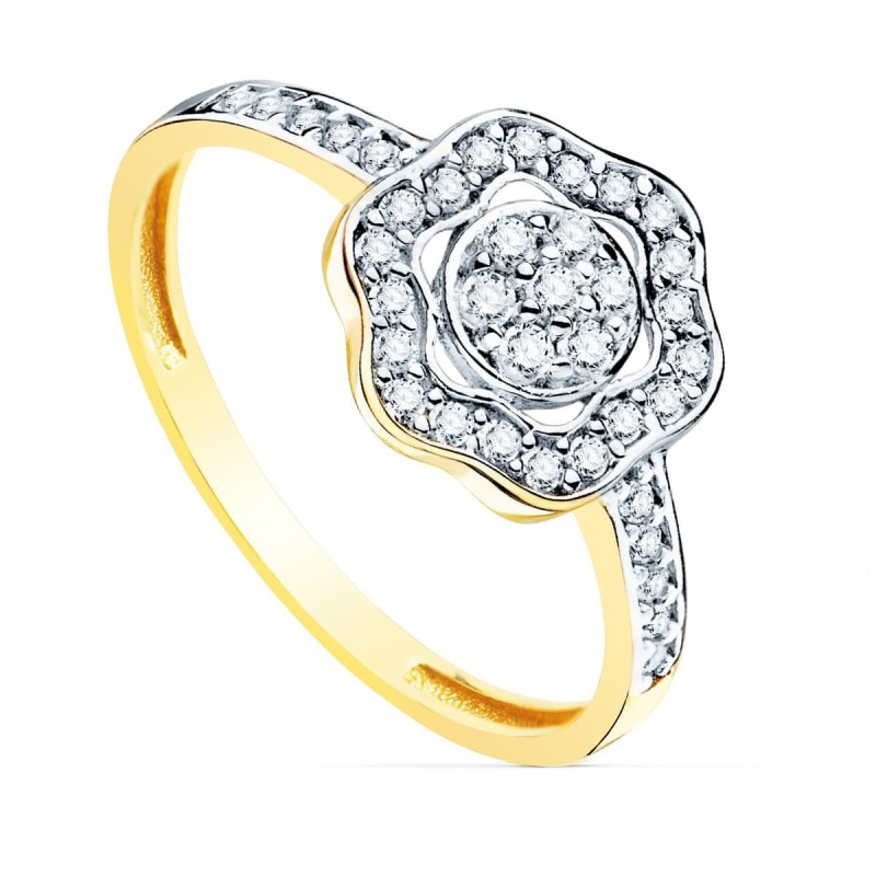 Sortija Oro Bicolor Flor Con Circonita 11 mm Ancho Cuerpo 2 mm oro 18k