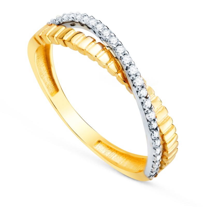 Sortija Oro Bicolor Estriado Banda Con Circonitas. Ancho: 3mm oro 18k