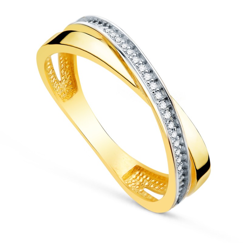 Sortija Oro Bicolor Banda Cruzada Con Circonitas. Ancho: 4mm oro 18k