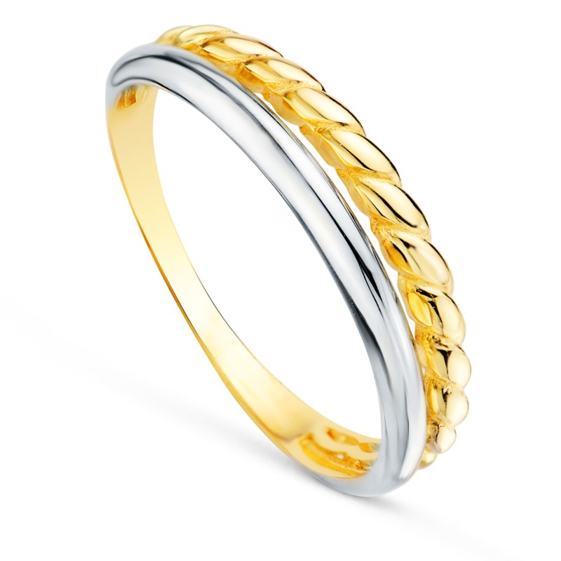 Sortija Oro Bicolor Doble Banda Lisa Y Reliada. Ancho: 4mm oro 18k