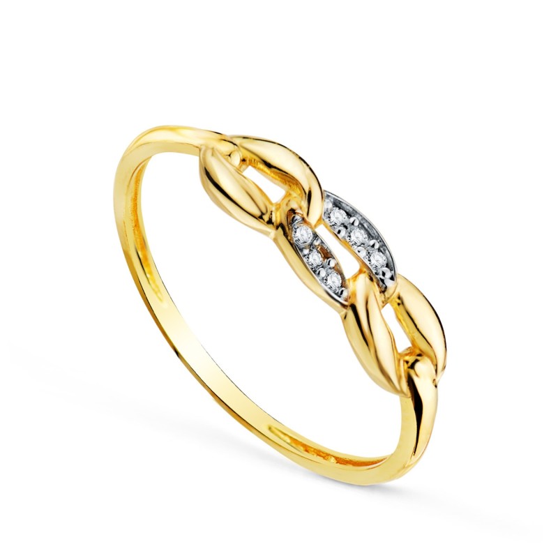 Sortija Oro Bicolor Con Tres Eslabones Lisos Y Circonitas. Ancho: 4 mm oro 18k
