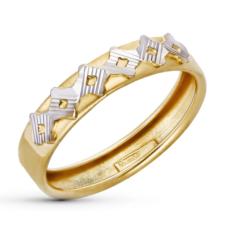Sortija Oro Bicolor Motivos Rombo Tallados. Ancho 4 mm oro 18k