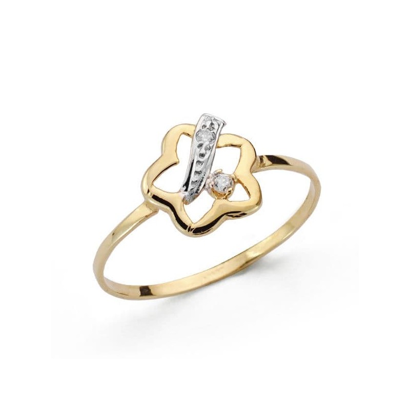 Sortija Oro Bicolor Con Flor Y Circonitas. Ancho: 9,5 mm oro 18k