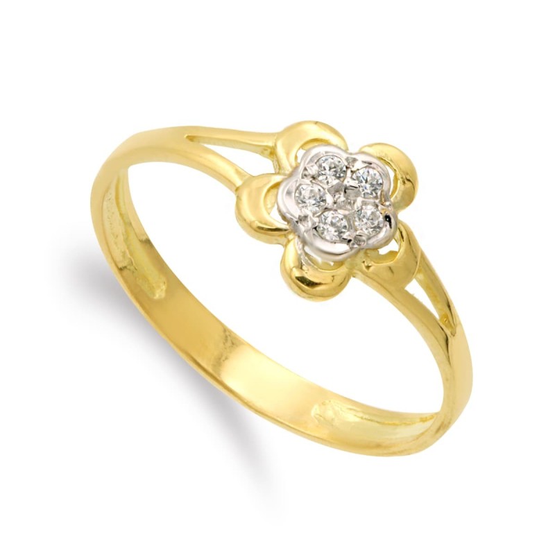 Sortija Oro Bicolor Con Flor Y Circonita 7 mm Cuerpo 2 mm oro 18k