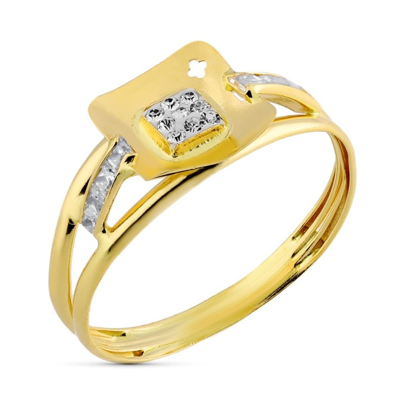 Sortija Oro Bicolor Doble Cuerpo Motivo Cuadrado Con Circonitas. Ancho: 8 mm oro 18k