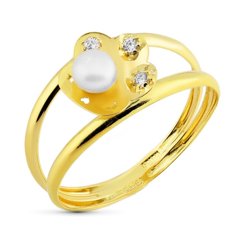 Sortija Oro Bicolor Doble Cuerpo Flor Con Perla 4 mm Y Circonitas. Ancho: 9 mm oro 18k
