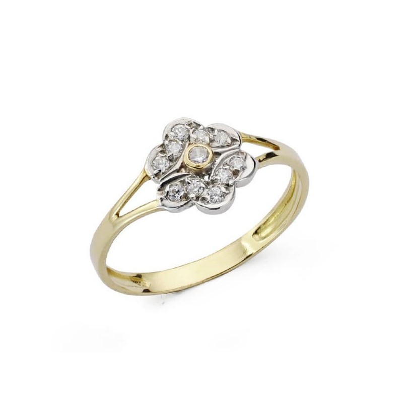 Sortija Oro Bicolor Flor Con Circonitas. Ancho: 8 mm oro 18k