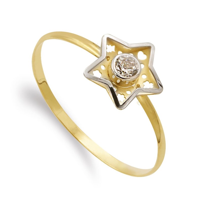 Sortija Oro Bicolor Estrella Y Circonita 8 mm Cuerpo 1 mm oro 18k