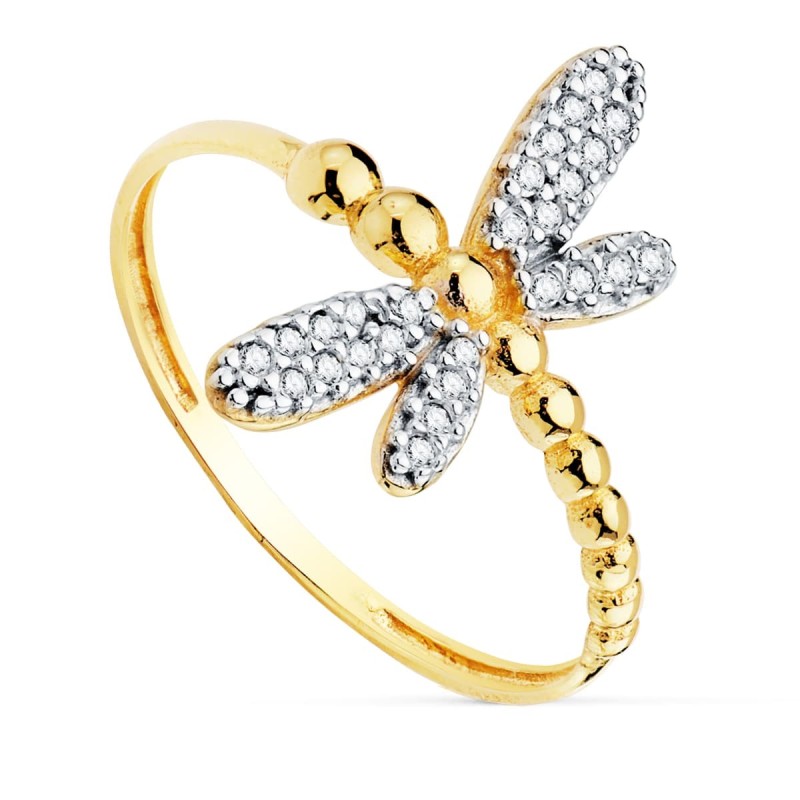 Sortija Oro Bicolor Lilibelula Cuerpo De Bolitas Y Alas De Circonitas. Ancho: 17 mm oro 18k