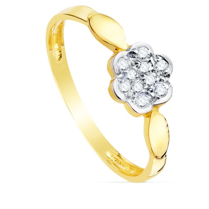 Sortija Oro Bicolor Flor Con Circonita. Ancho: 6,5 mm oro 18k