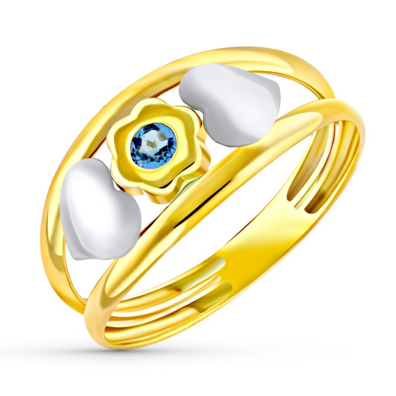Sortija Oro Bicolor Doble Cuerpo Con Corazones Y Flor Con Aguamarina. Ancho: 8,5 mm oro 18k