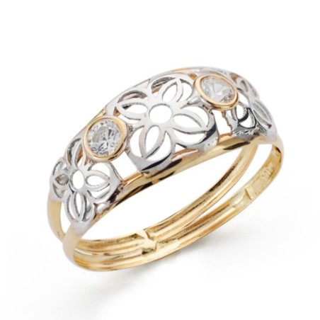 Sortija Oro Bicolor Doble Cuerpo Flores Caladas Y Circonitas. Ancho: 8 mm oro 18k