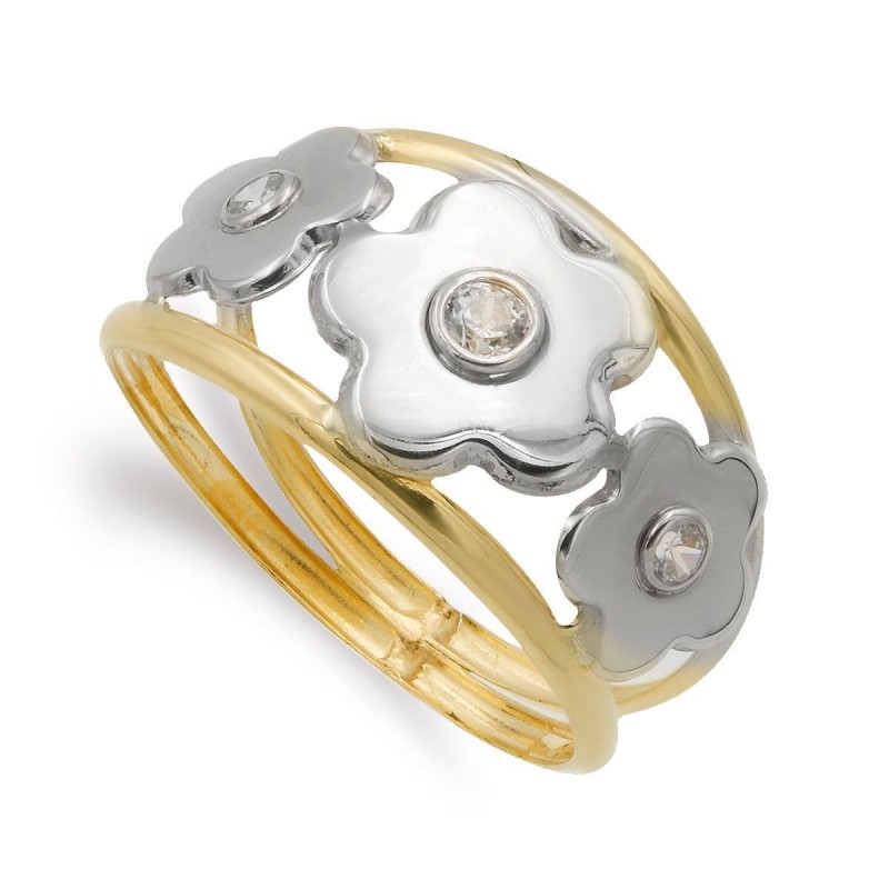 Sortija Oro Bicolor Doble Cuerpo Con Flores Y Circonitas. Ancho: 9,5 mm oro 18k