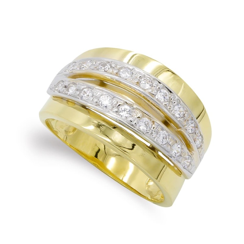 Sortija Oro Bicolor Maciza Con Bandas De Circonitas. Ancho: 12 mm oro 18k