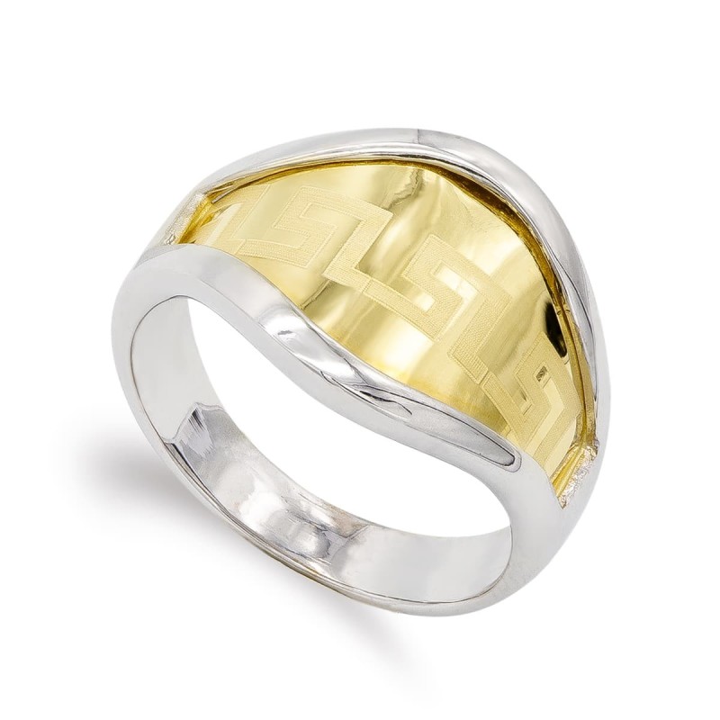 Sortija Oro Bicolor Con Dibujo Laser De Greca. Ancho: 15 mm oro 18k