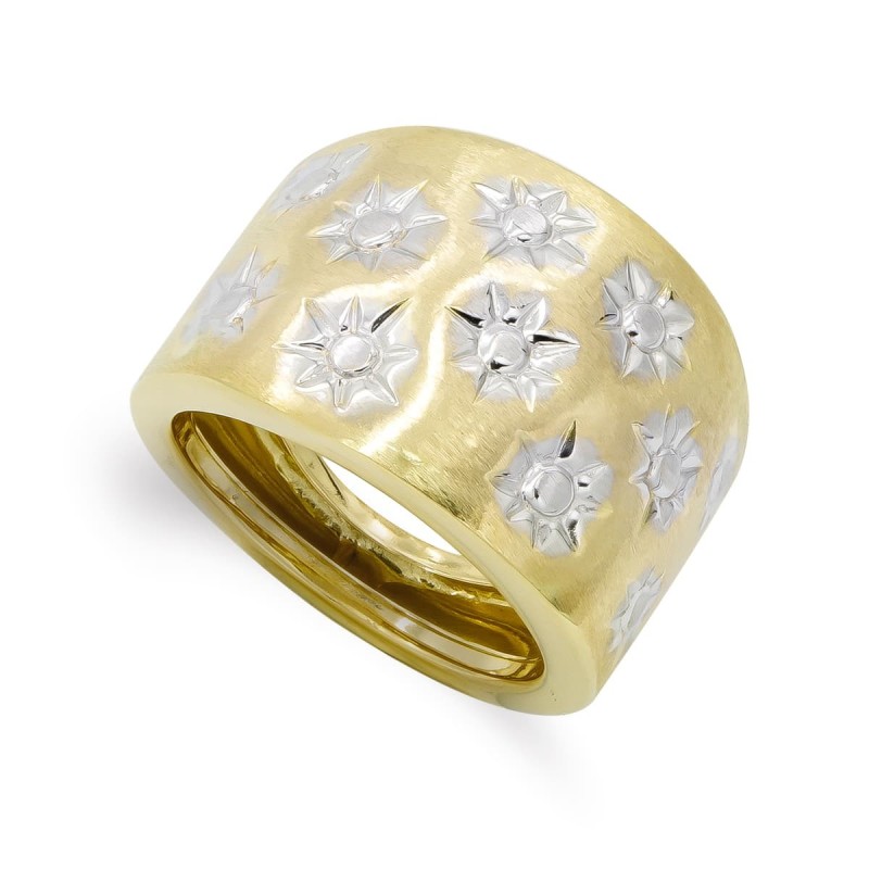 Sortija Oro Bicolor Motivos Tallados. Ancho: 16 mm oro 18k