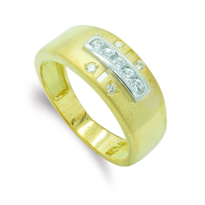 Sortija Oro Bicolor Maciza Mate Y Brillo Circonitas. Ancho: 8 mm oro 18k