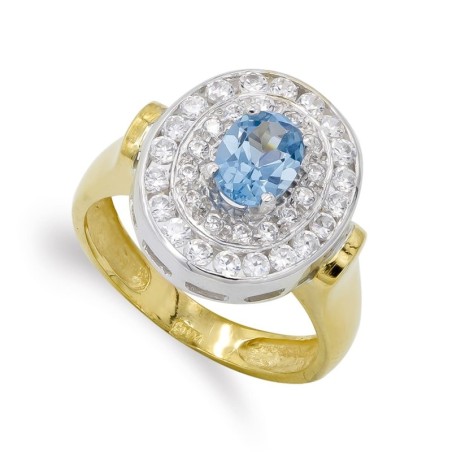 Sortija Oro Bicolor Aguamarina Y Circonitas. 16X14 mm oro 18k