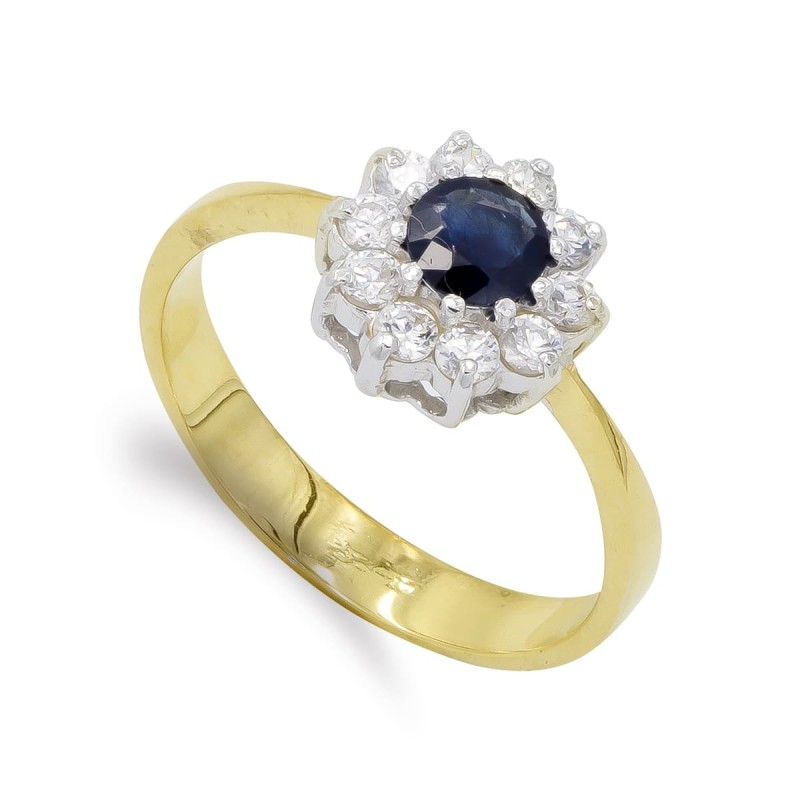 Sortija Oro Bicolor Zafiro 5 mm Y Circonitas oro 18k