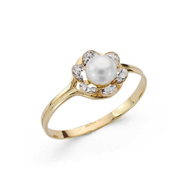 Sortija Oro Amarillo Flor Con Perla Y Circonita. Ancho: 8 mm oro 18k