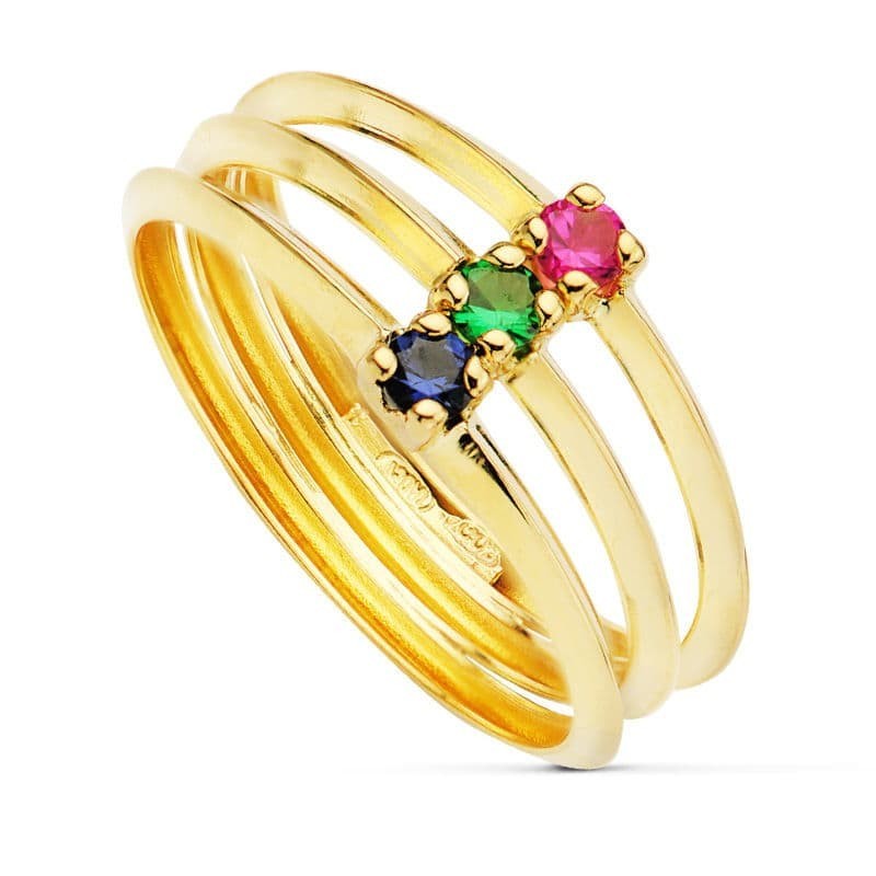 Sortija Oro Amarillo Triple Cuerpo Con Circonita De Colores oro 18k