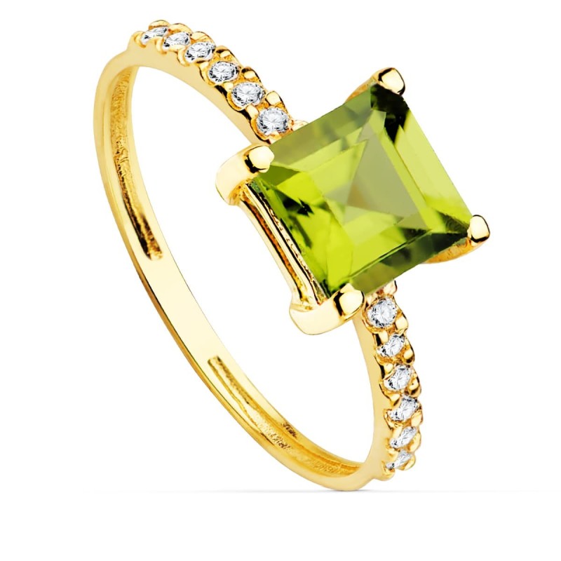 Sortija Oro Amarillo Circonita Y Peridoto Fino 6X6 mm Ancho Cuerpo 1.5 mm oro 18k