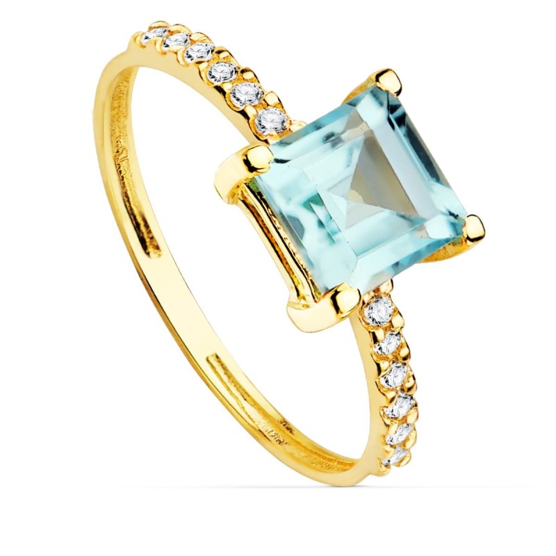 Sortija Oro Amarillo Circonita Y Topacio Azul 6X6 mm Ancho Cuerpo 1.5 mm oro 18k