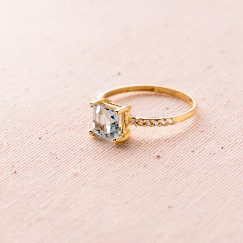 Sortija Oro Amarillo Circonita Y Topacio Azul 6X6 mm Ancho Cuerpo 1.5 mm oro 18k