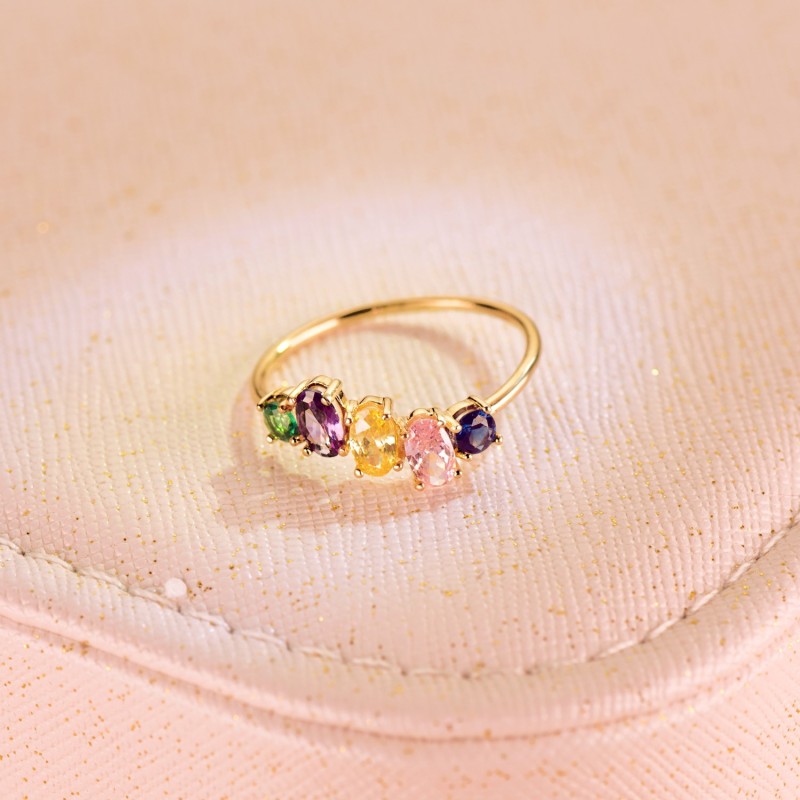 Sortija Oro Amarillo Con 5 Piedras De Color. Ancho Cuerpo: 1 oro 18k